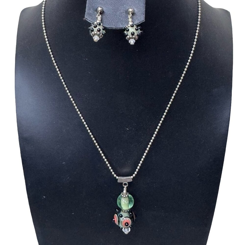 Vintage Sterling Silver Necklace Earrings Set Art Glass Handcrafted Green Beads